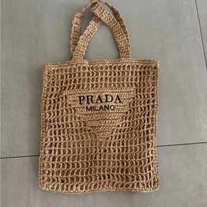 Prada Tan beige Woven raffia grass tote bag